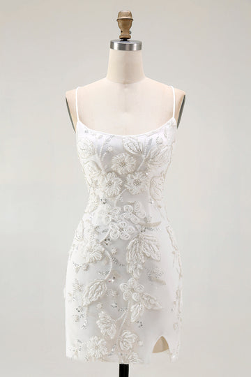 White Bodycon Spaghetti Straps Appliqued Homecoming Dress with Slit